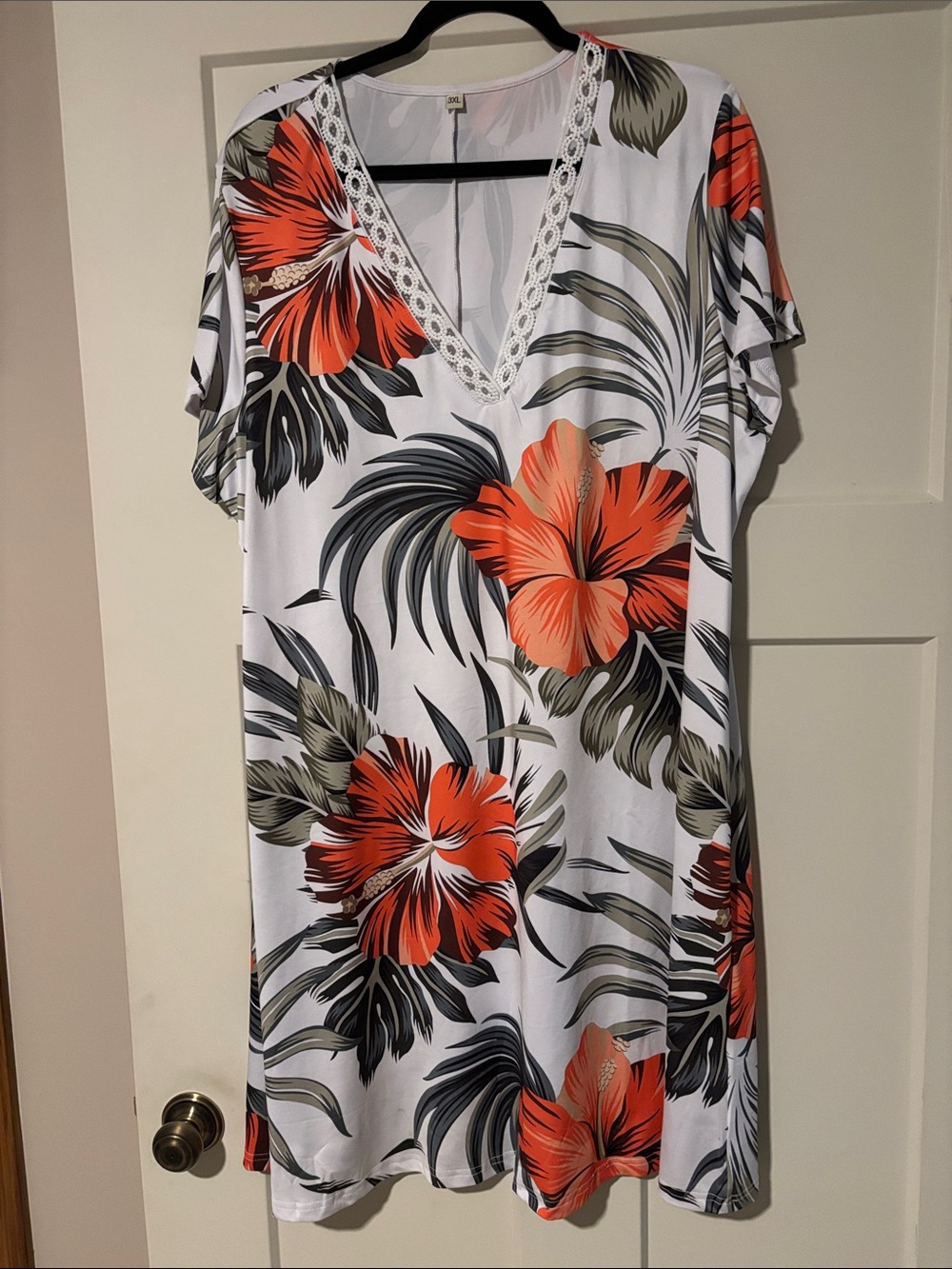 White Floral V-Neck Summer Dress with Orange Hibiscus